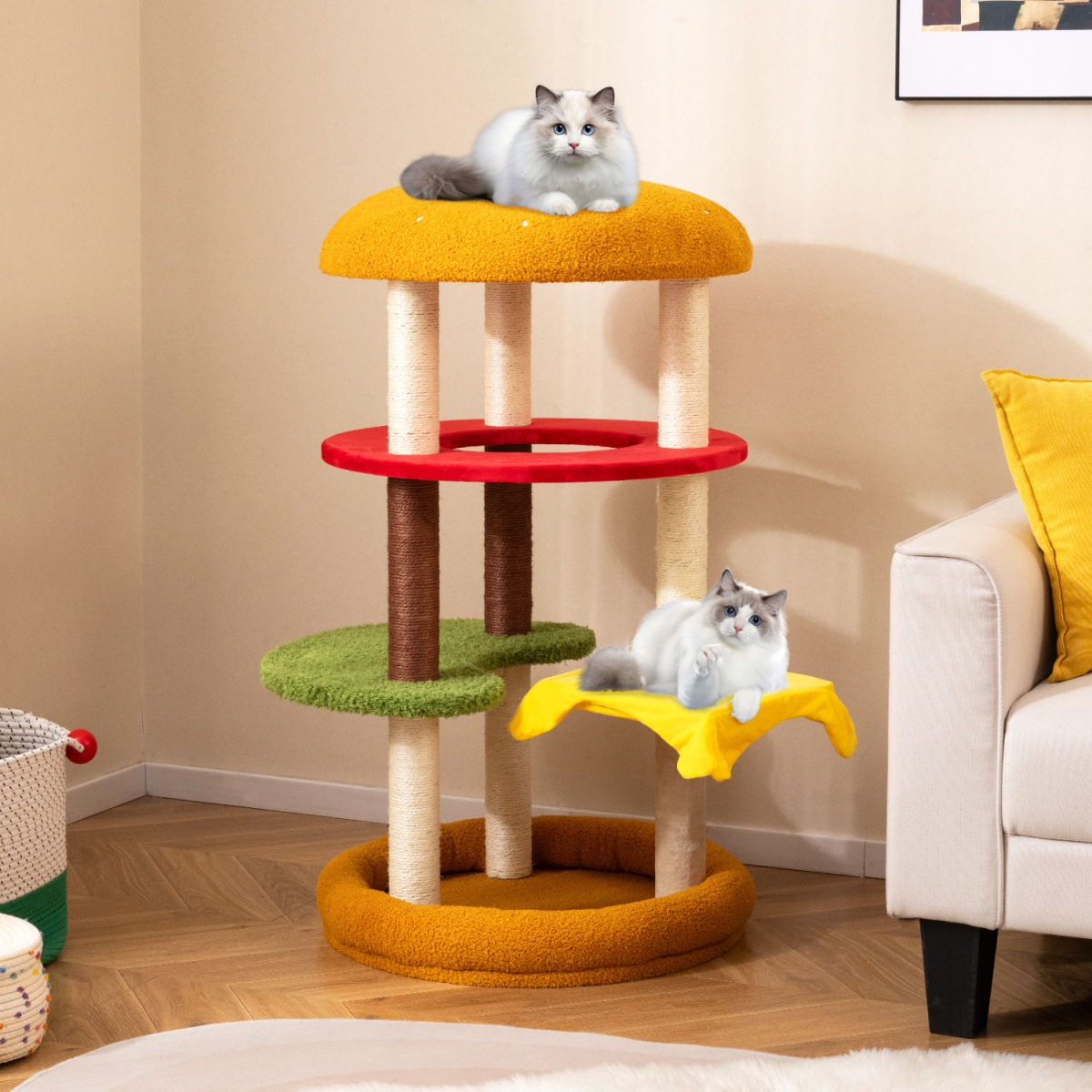 PV10379YW 42 in. Tall Modern Cat Tree Multi-Level with Padded Perch & Cat Bed - Yellow