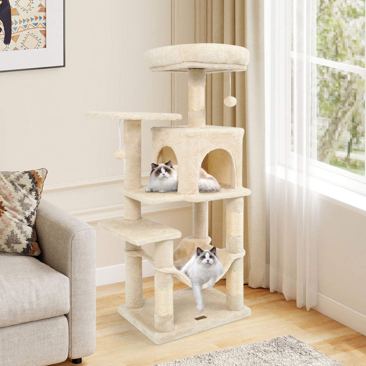 PV10470BE Multi-Level Cat Tower with 2-Door Condo & Padded Top Perch - Beige