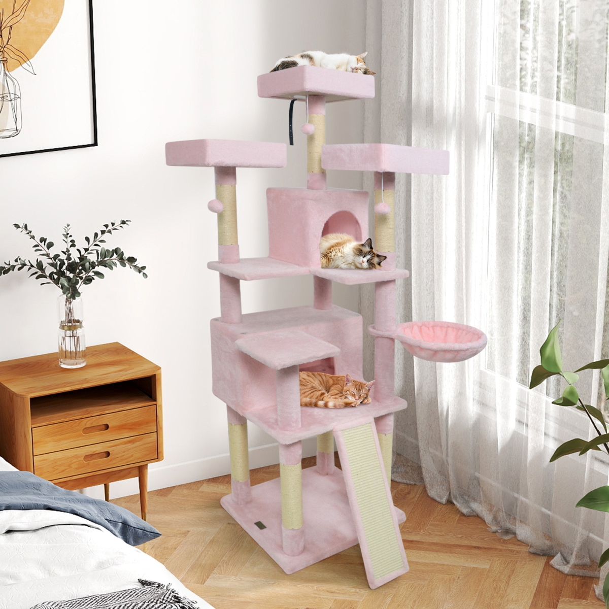 PV10472PI 65 in. Tall Multi-Level Cat Tree with 3 Upholstered Perch & 2 Cat Condos - Pink
