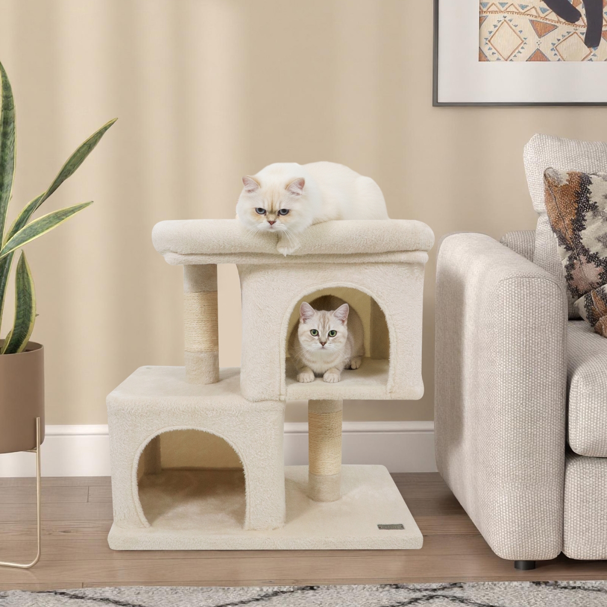 PV10484BE Modern Cat Tree Space-Saving Cat Tower with Upholstered Perch & 2 Cat Condos - Beige