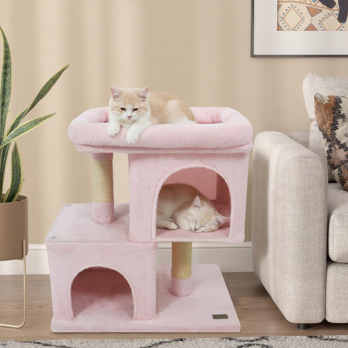 PV10484PI Modern Cat Tree Space-Saving Cat Tower with Upholstered Perch & 2 Cat Condos - Pink