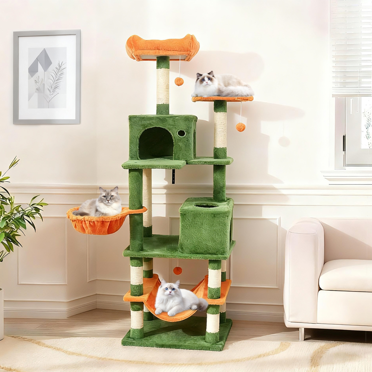PV10485LV 66 in. Tall Cat Tree Multi-Level Cat Tower with 2 Condos Sisal Scratching Posts - Green