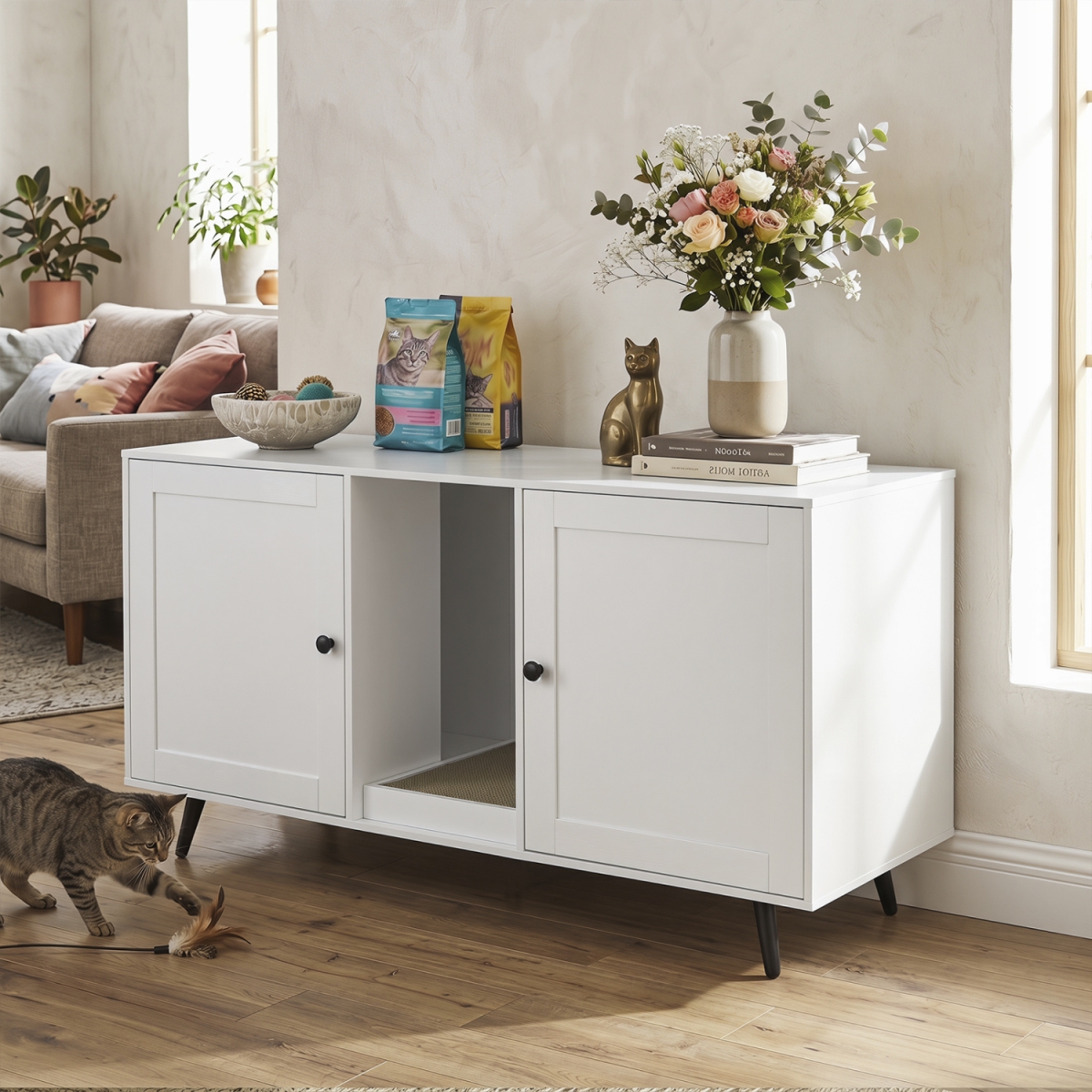 PV10513WH Double Cat Litter Box Enclosure for 2 Cats with Scratching Pad & Double Rooms - White
