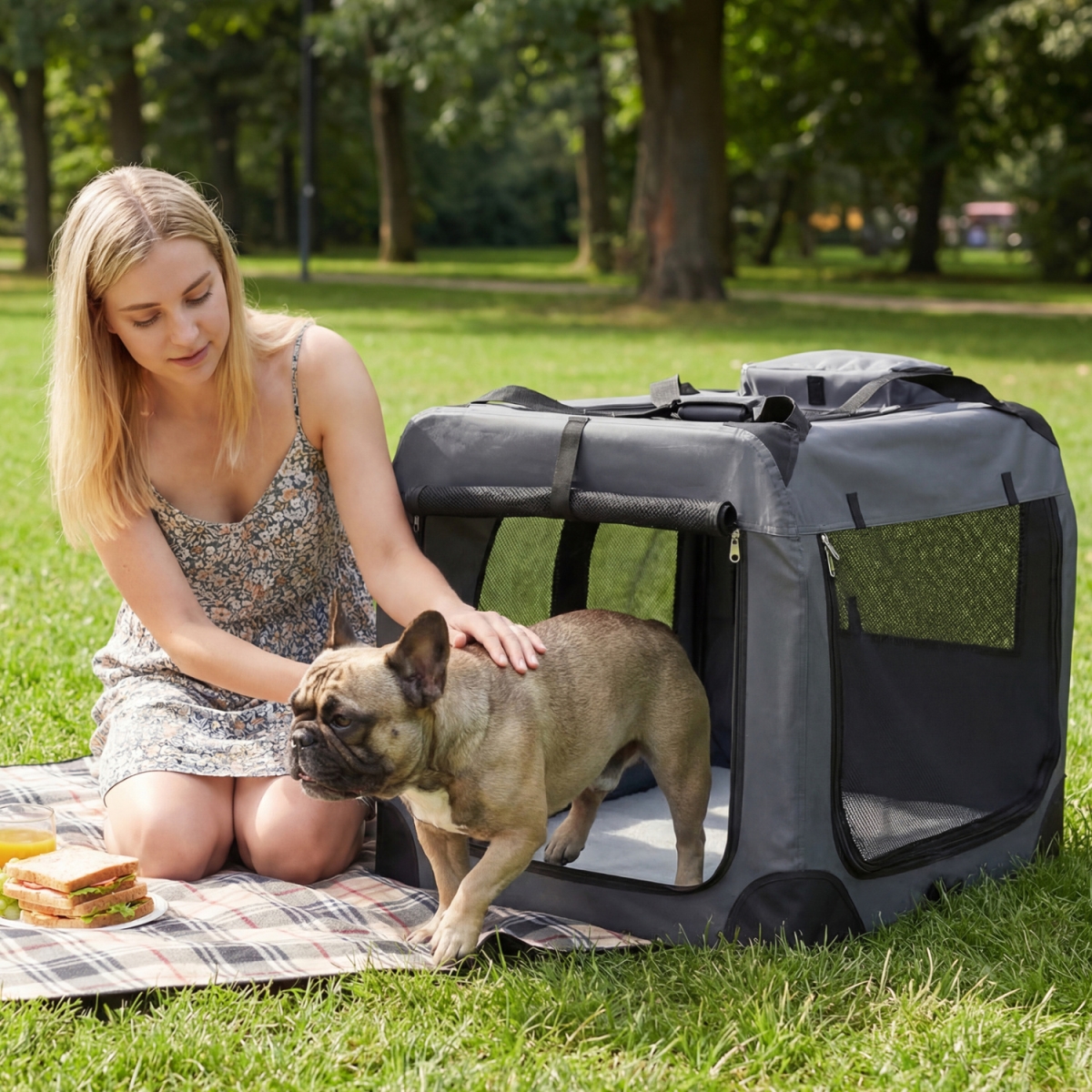 PV10553GR Collapsible Soft Dog Travel Crate with Mesh Windows & 3 Doors - Gray - Large