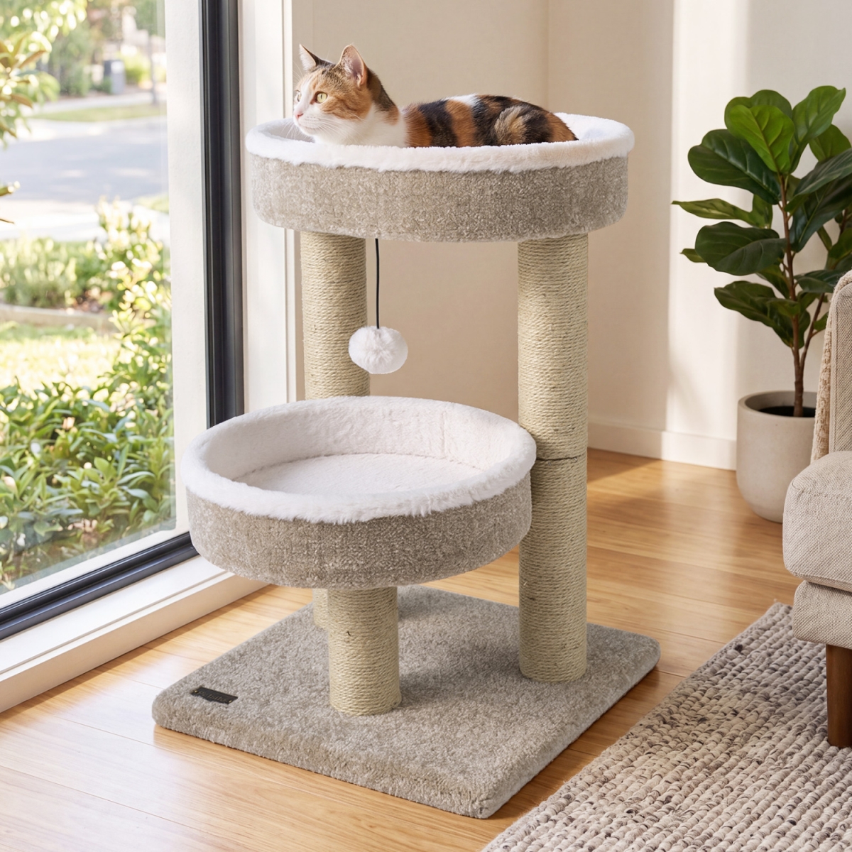 PV10569BE 24 in. Cat Tower with 2 Plush Perches Scratching Posts & Dangling Ball - Beige