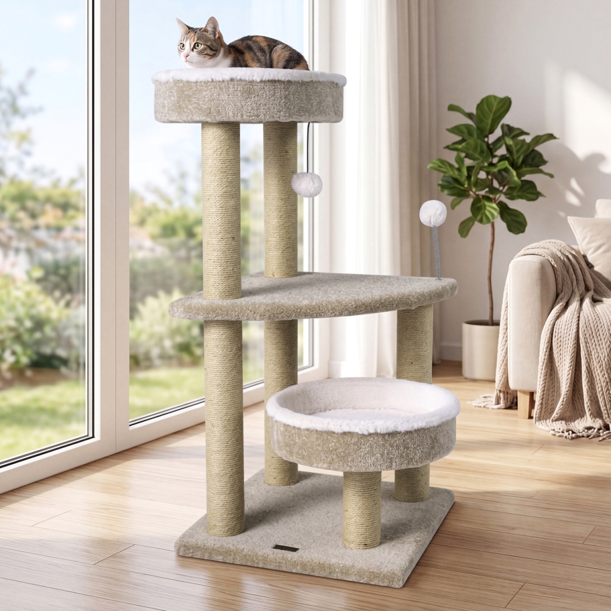 PV10570BE 36 in. Carpeted Cat Tree with Plush Perches Scratching Posts & Dangling Ball - White & Beige