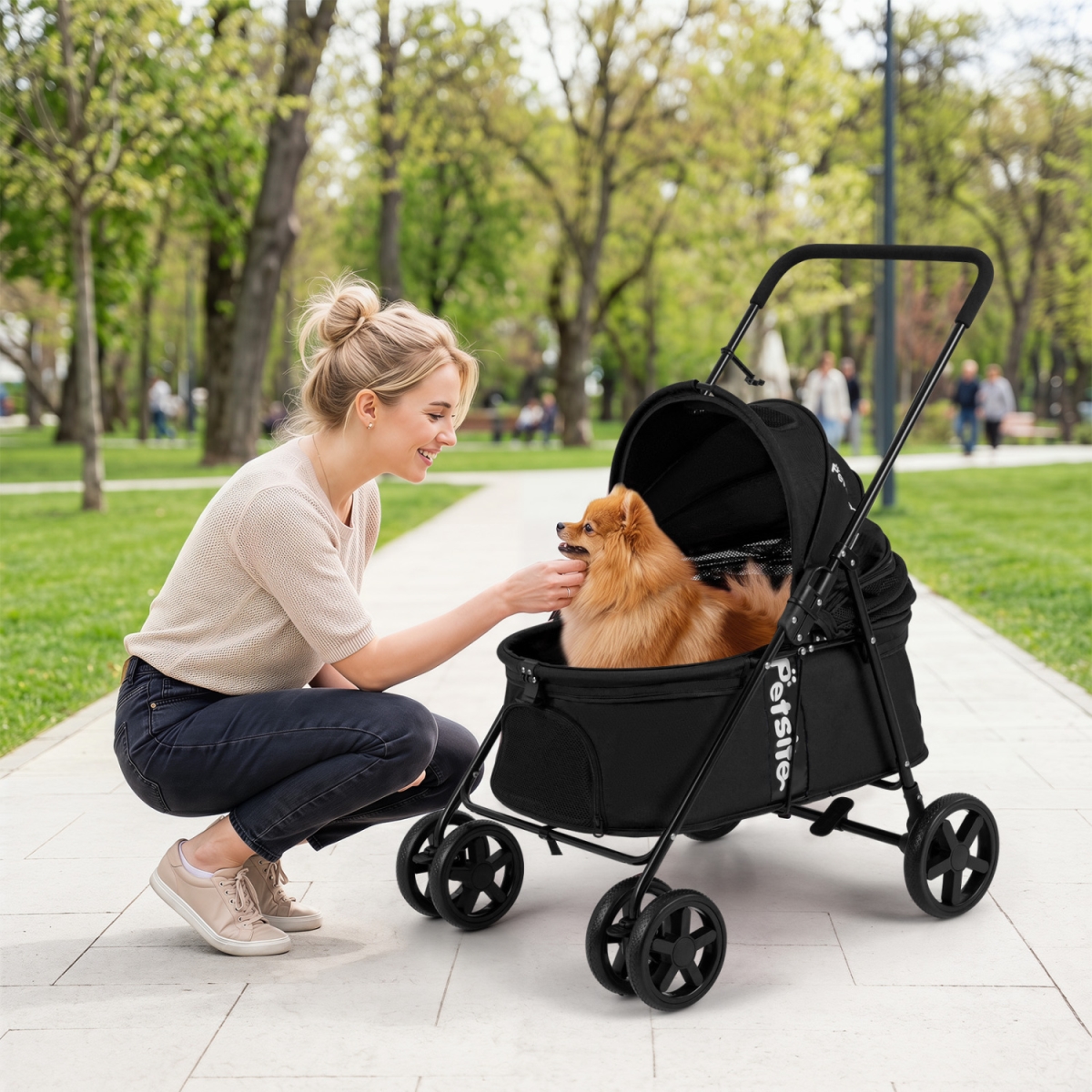 PW10184BK Pet Stroller for Small Medium Dogs Foldable with One-Step Rear Brake & Canopy - Black