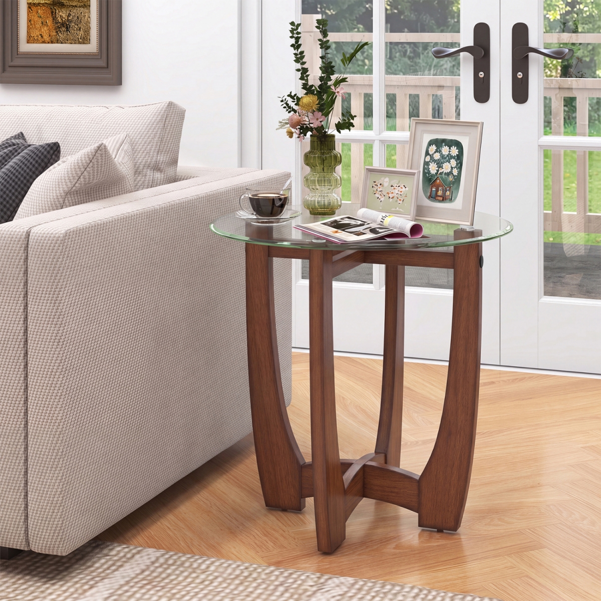 HV10672WT 23.5 in. Round End Side Table with Tempered Glass Tabletop - Walnut