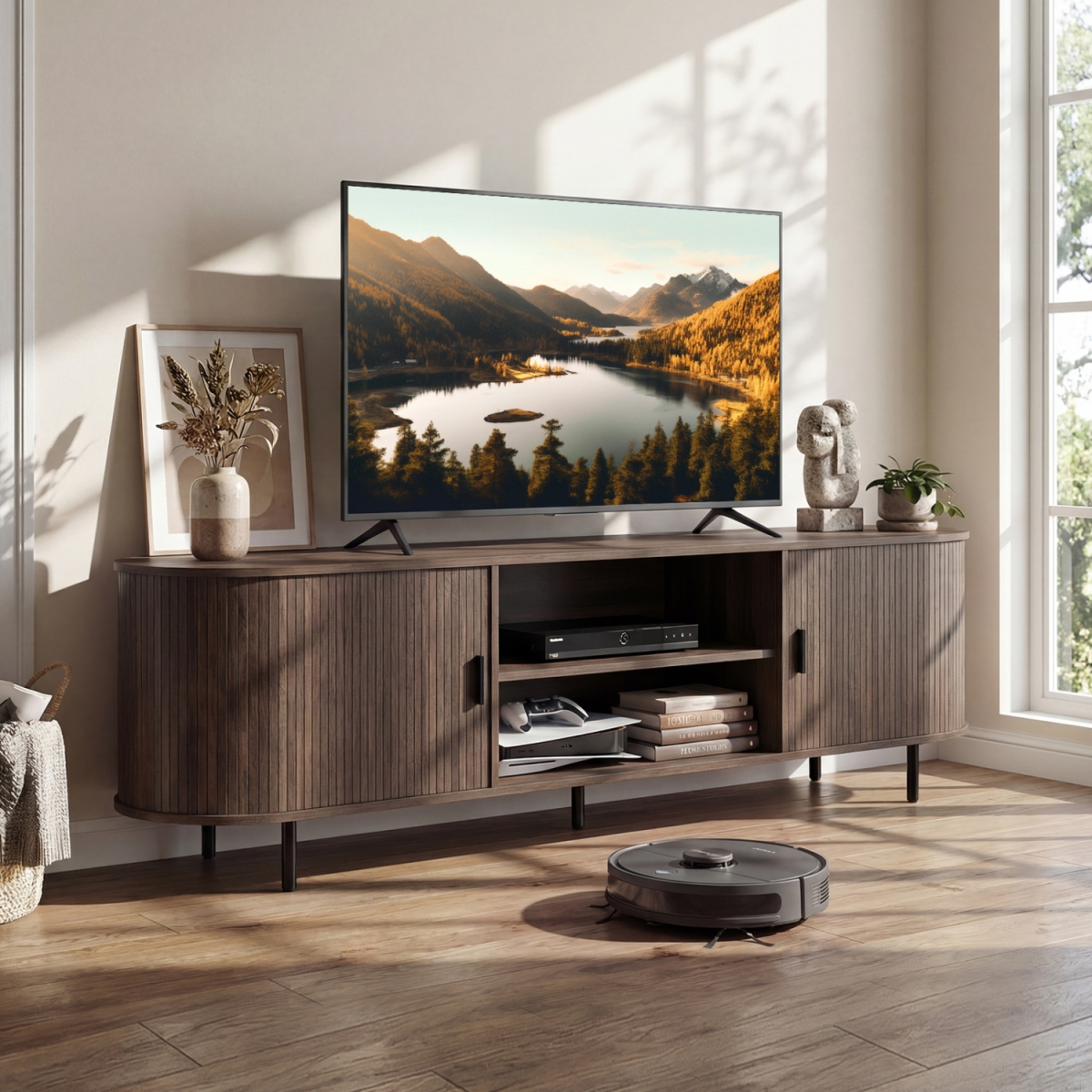 HV11010WL TV Stand for 80 in. TVs Mid Century Modern Entertainment Center with Fluted Sliding Doors - Walnut