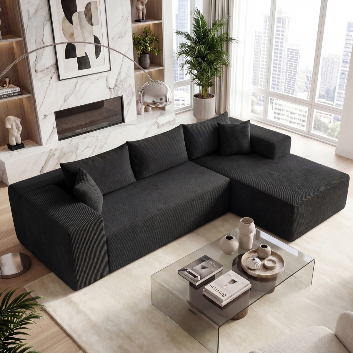 HV11011DK- Modular Sectional Sofa Corduroy Upholstered L-Shaped Sofa Couch with Deep Seats - Black