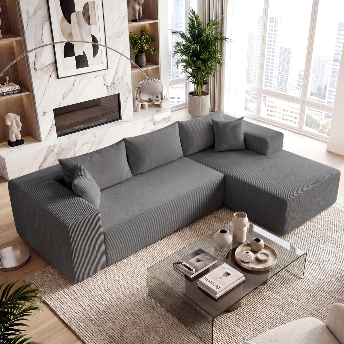 HV11011HS- Modular Sectional Sofa Corduroy Upholstered L-Shaped Sofa Couch with Deep Seats - Gray