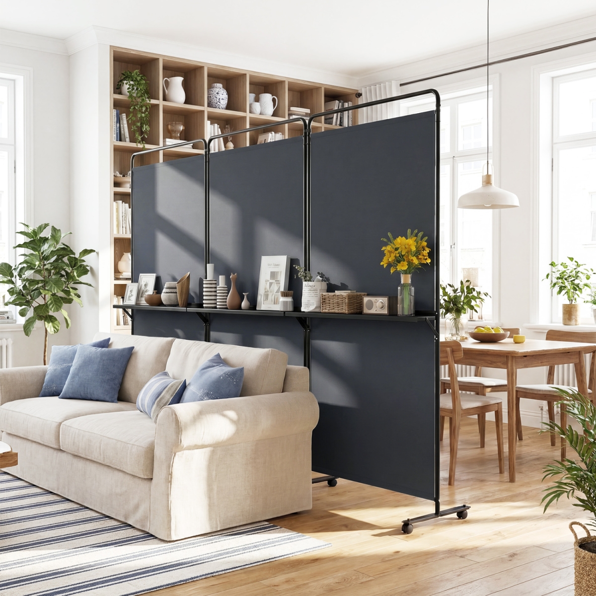 HV11025GR 3-Panel Room Divider with Shelves 6 ft. Tall Folding Privacy Screen with Lockable Wheels - Gray