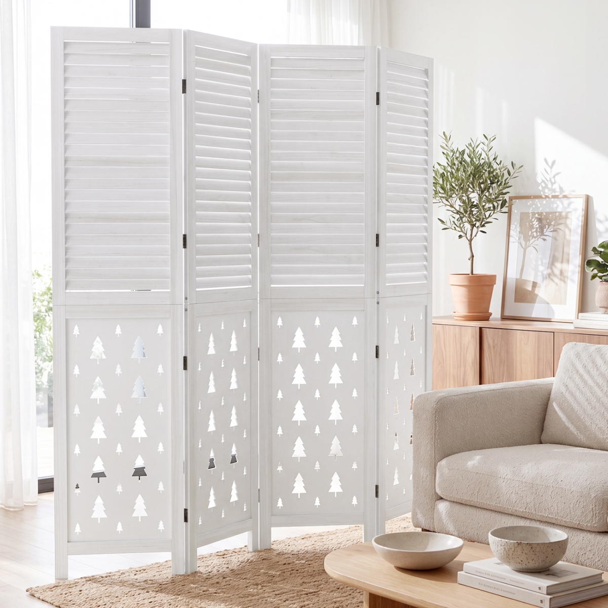 HV11027WH-4 67 in. Tall Wood Room Divider Indoor Wooden Partition for Room Separation - 4 Panel