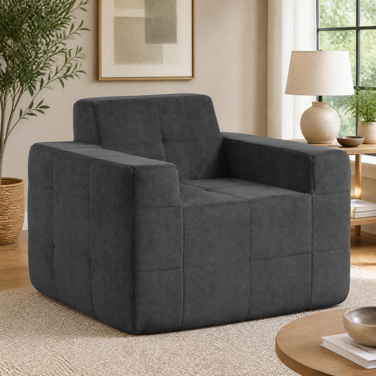 HV11106GR Boneless Single Sofa Chair Cloud Sofa with Terry Cloth Upholstery - Gray