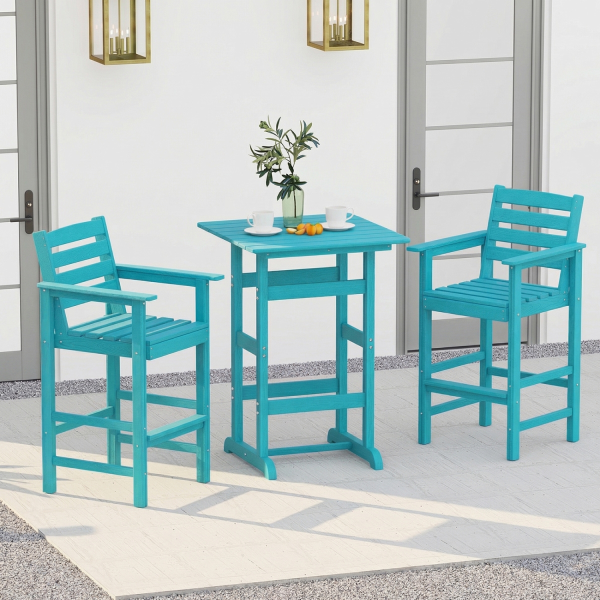 NP12059TU-NP12060TU Patio HDPE Bar Set with Square High-Top Table for Backyard & Poolside - Turquoise - 3 Piece