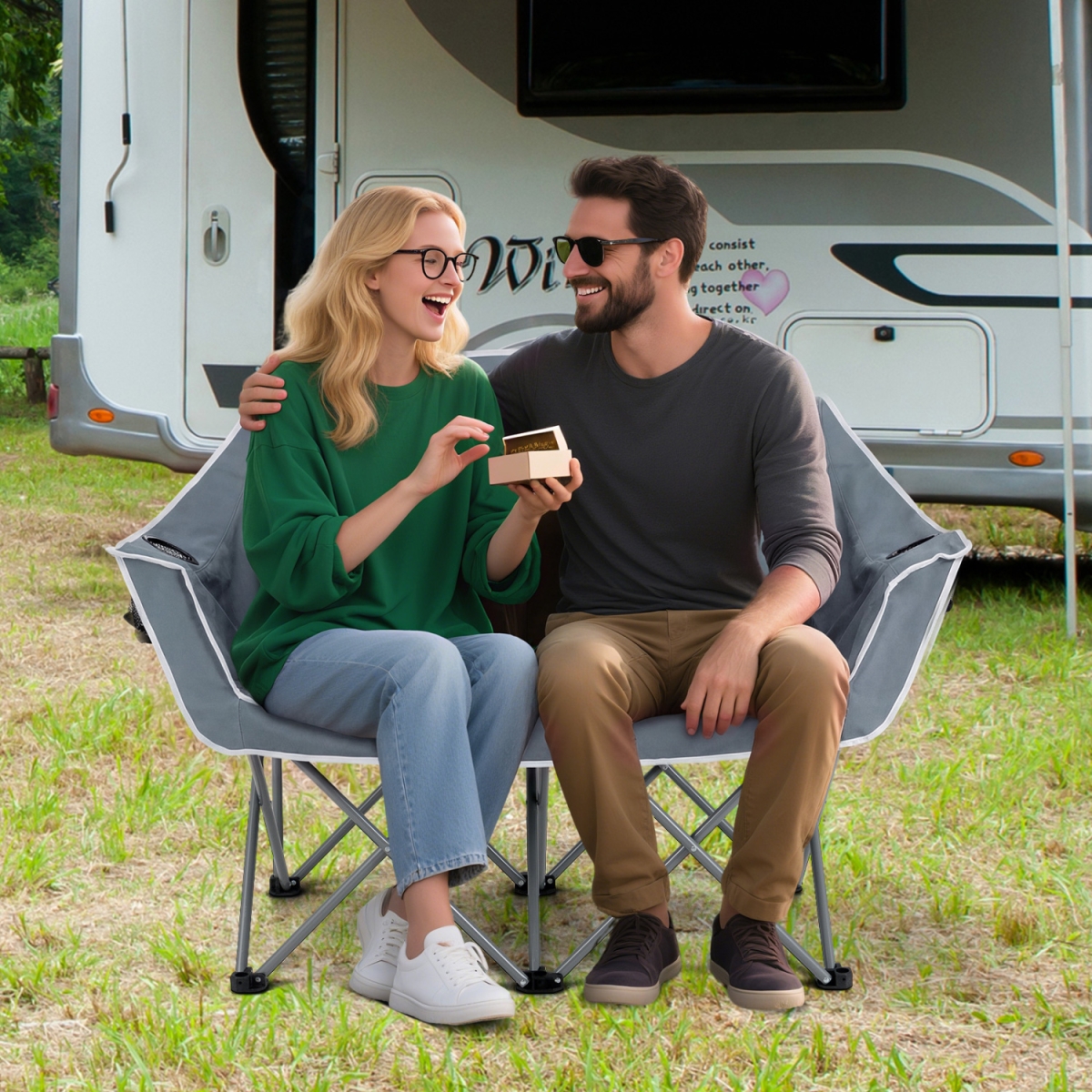 NP12370GR Duo Camping Chair Portable Oversized Loveseat with Armrests & Cup Holders - Gray