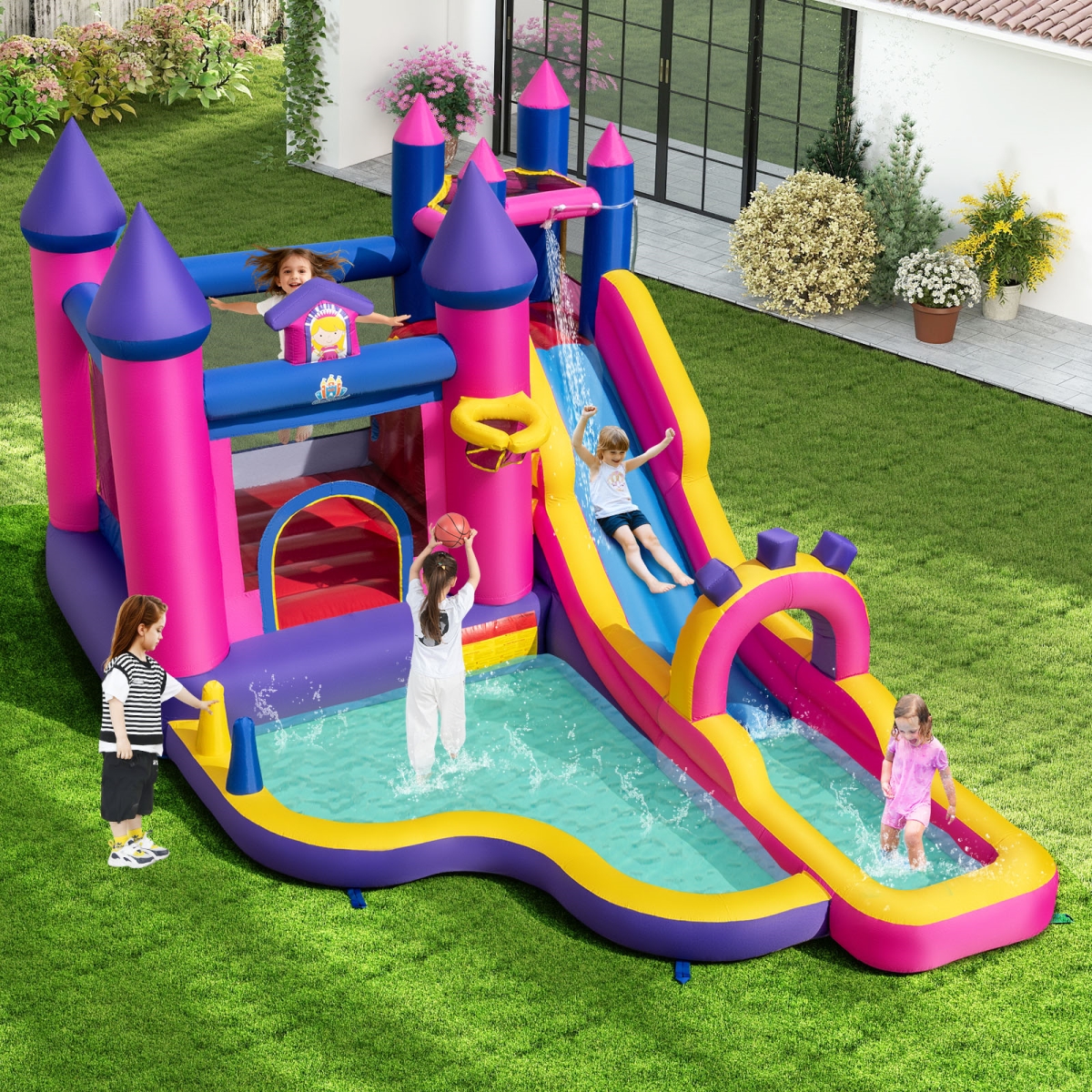 NP12753US Inflatable Water Slide Princess Themed Bounce Castle with Climbing Wall 680W Blower