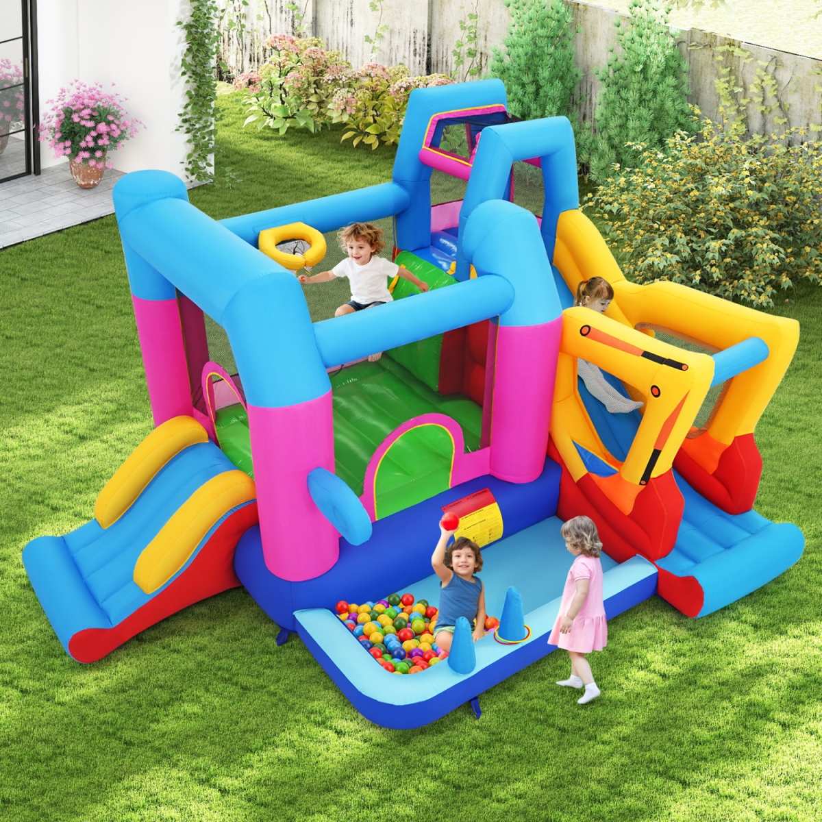 NP12767 Inflatable Bounce House 8-in-1 Excavator Themed Kids Bouncer