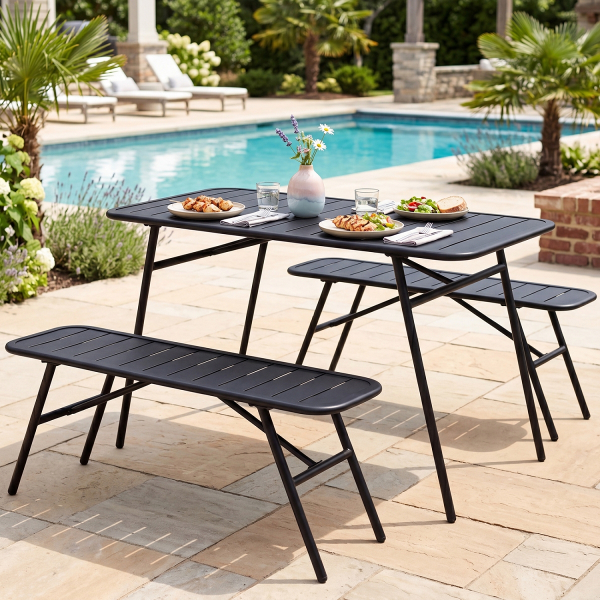 NP12871DK- Outdoor Dining Set with Coffee Table & 2 Benches for Backyard Deck - Black - 3 Piece