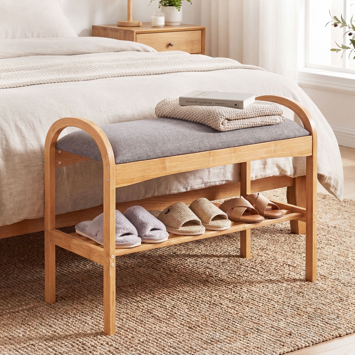 JV12275GR 2-Tier Bamboo Shoe Bench with Padded Cushion & Shelf - Gray