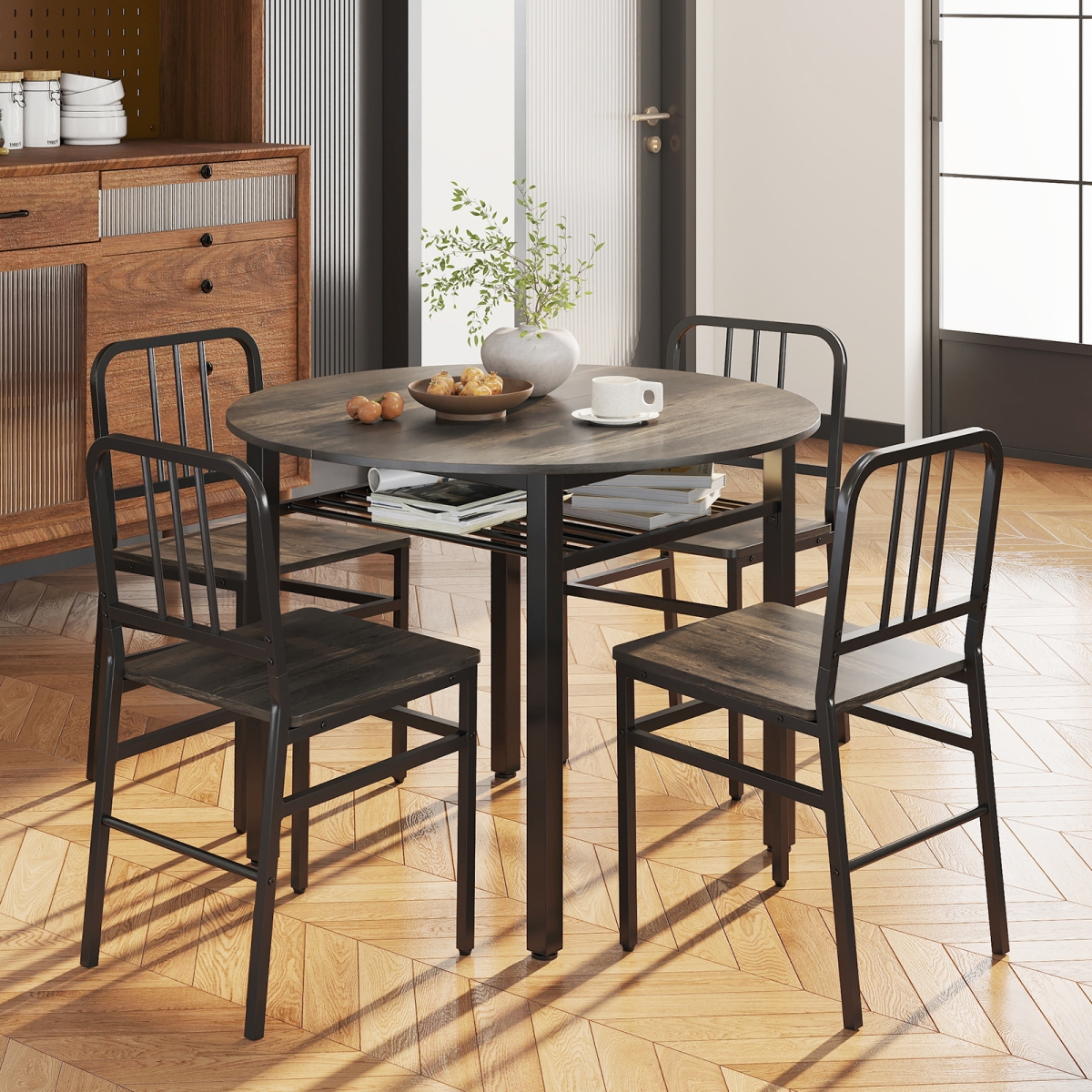 JV12325GR- Round Dining Table Set with Storage Shelf for Dining Room - Gray - 5 Piece