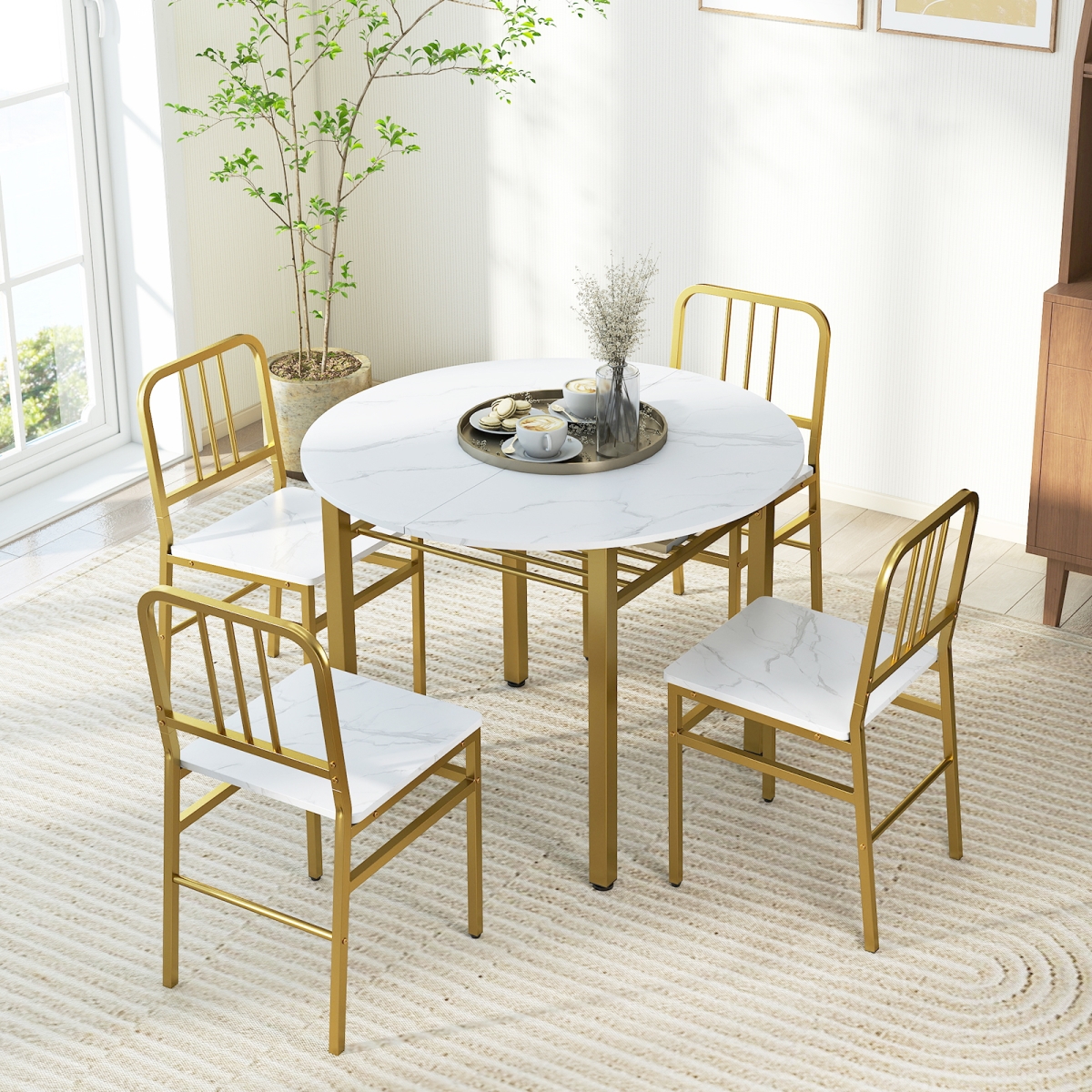 JV12325WH- Round Dining Table Set with Storage Shelf for Dining Room - White - 5 Piece