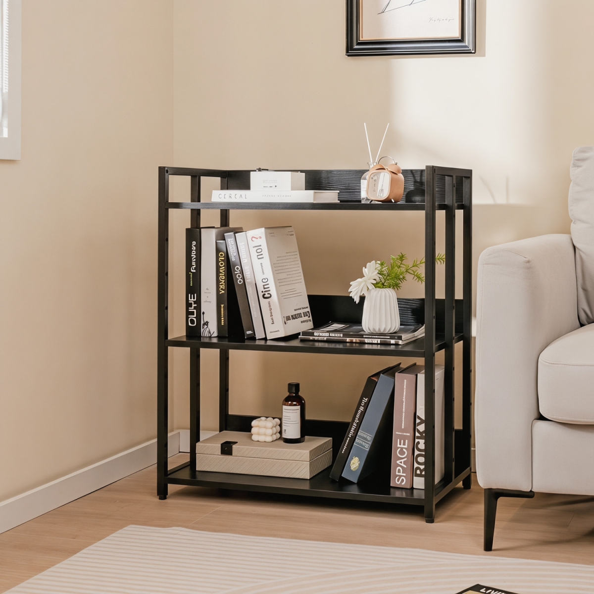 JV12353TY-DK 3-Tier Corner Bookshelf with Adjustable Shelves & Anti-Toppling Device for Study - Black