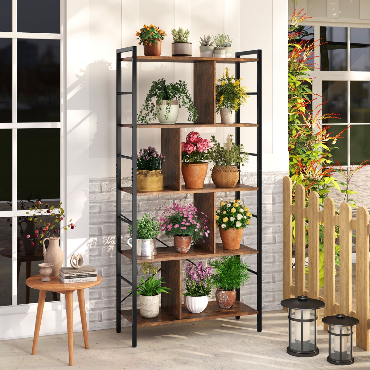 JV12497 5-Tier Bookcase 61 in. Tall Industrial Bookshelf with Metal Frame - Rustic Brown & Black