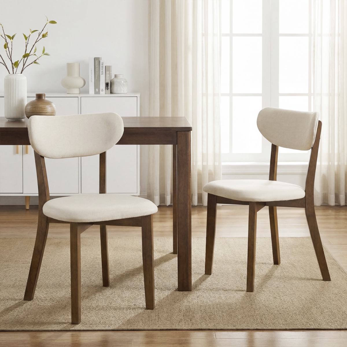 JV12772WH Dining Chairs Upholstered Mid-Back Chairs with Solid Rubber Wood Frame - White - Set of 2