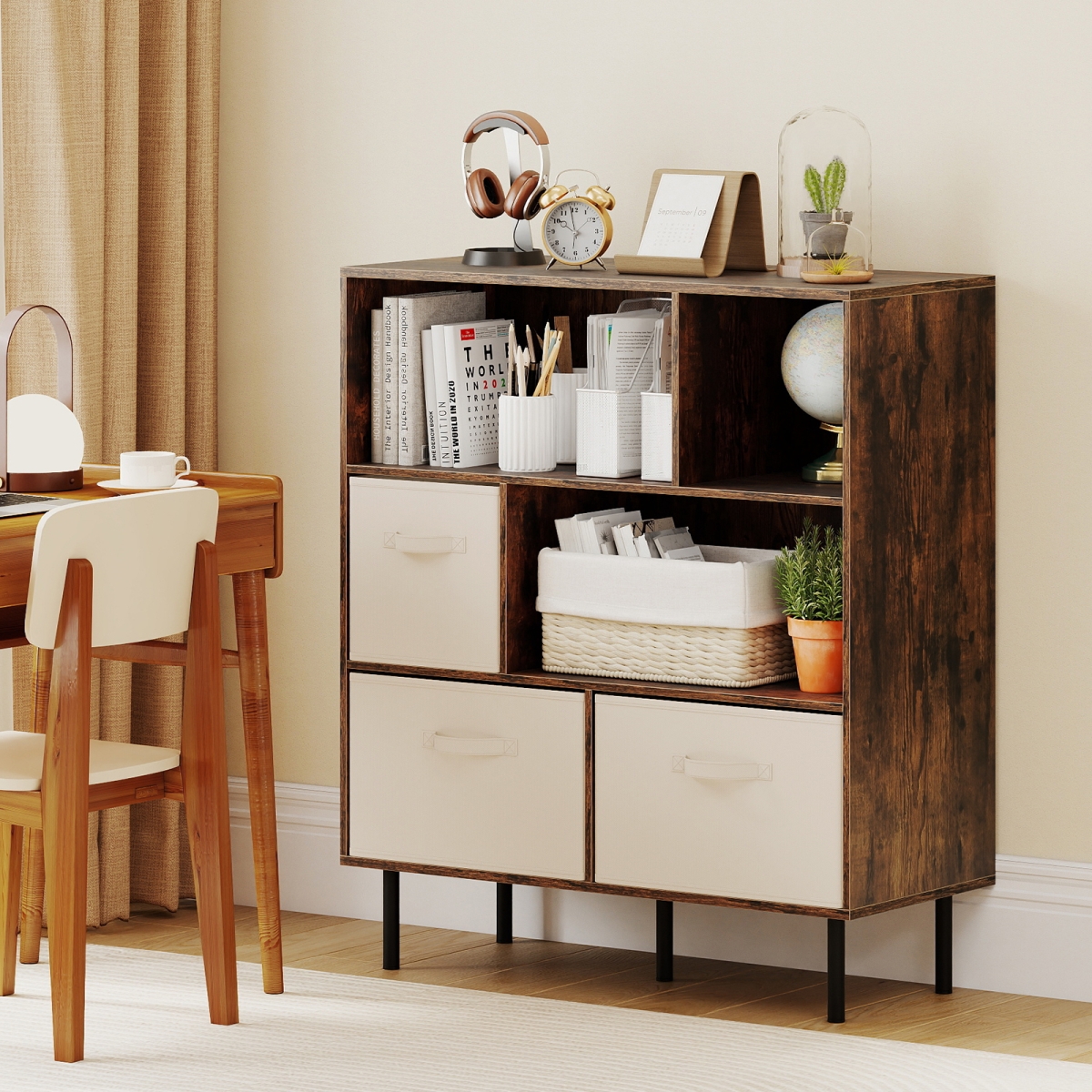 JV12967CF 6-Cube Bookshelf with 3 Removable Folding Fabric Drawers for Living Room - Rustic Brown