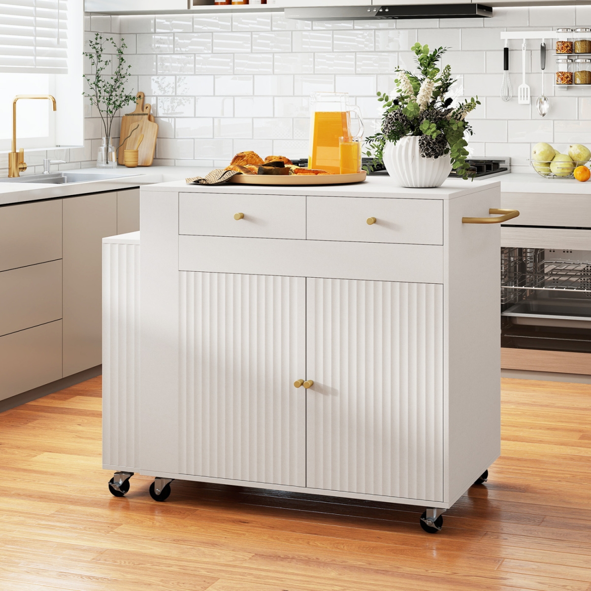JV13079US-WH- 72 in. Kitchen Island with Extendable Dining Table & Power Outlet - White