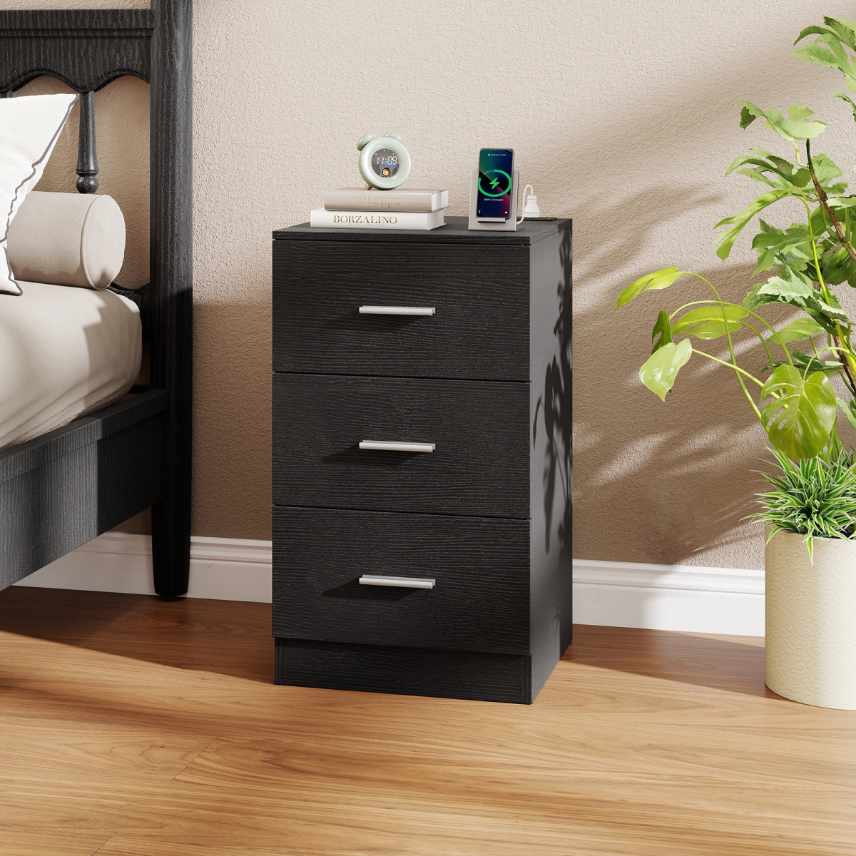 JV13146US-DK Nightstand with Charging Station End Table with 3 Storage Drawers Bedside Table for Bedroom - Black