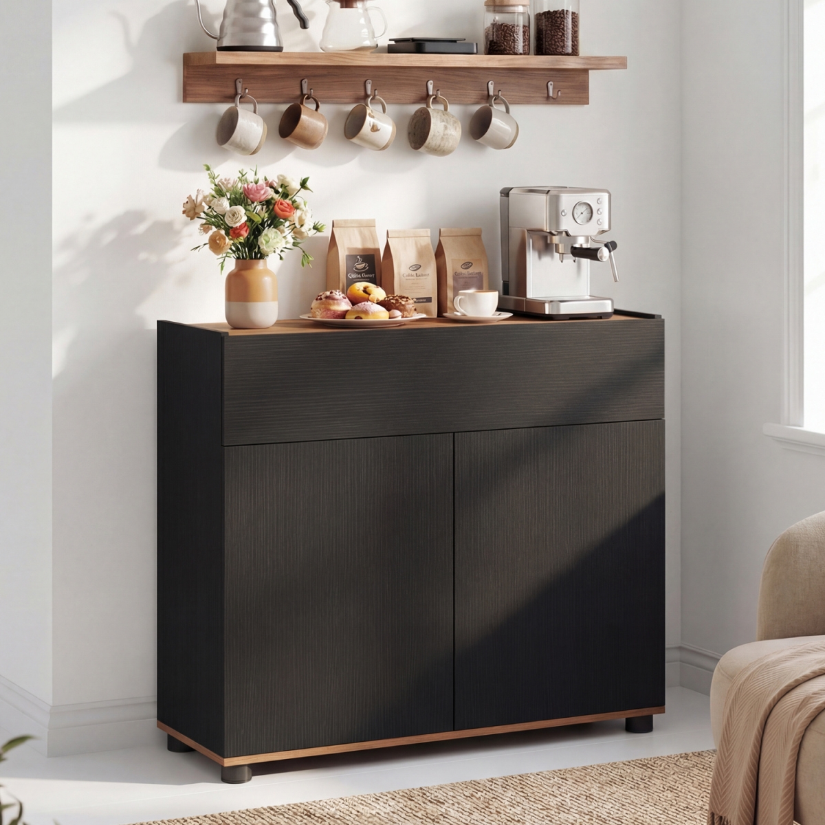 JV13161DK Sideboard Buffet Cabinet with Storage Wooden Kitchen Storage Cabinet - Black