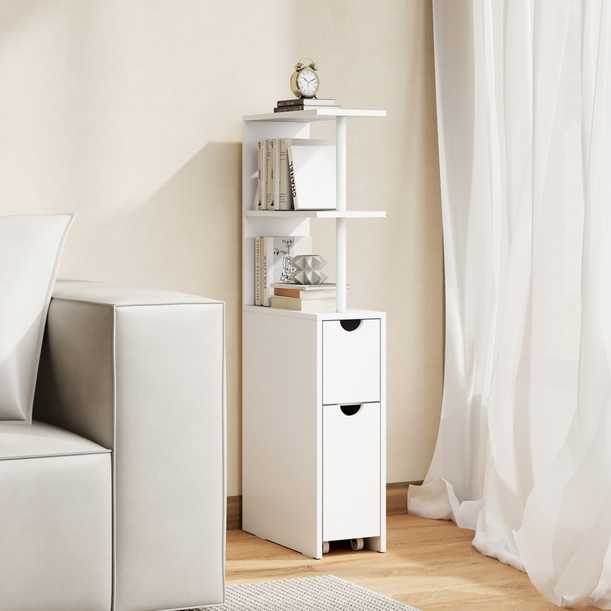 JV13167WH Slim Storage Freestanding Bathroom Cabinet with Open Shelves - White