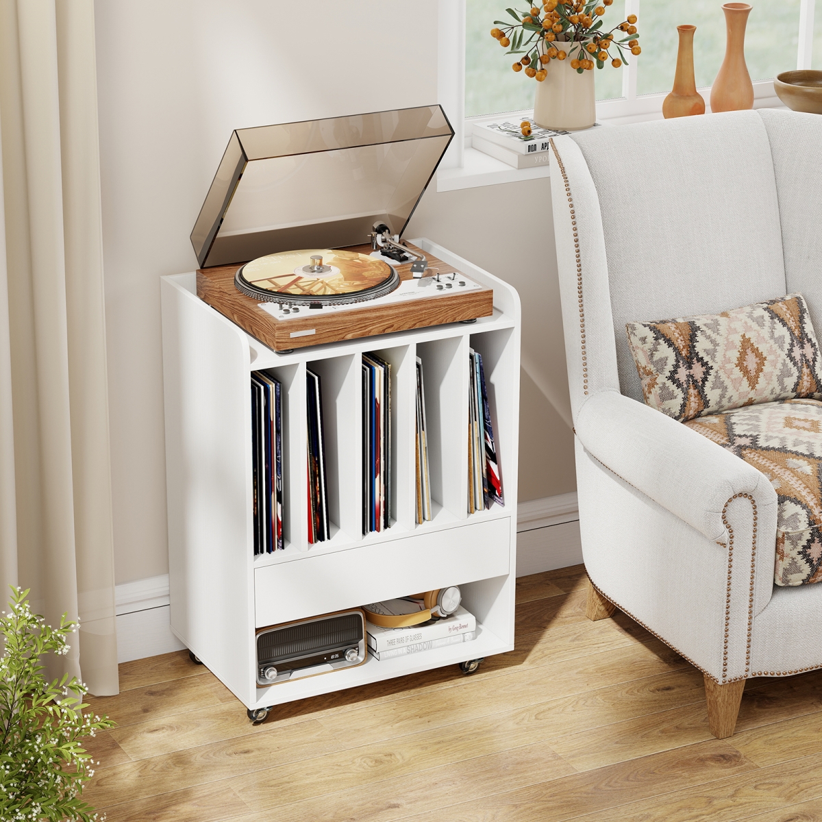 JV13289WH Record Player Turntable Stand with Drawer & Record Holder - White