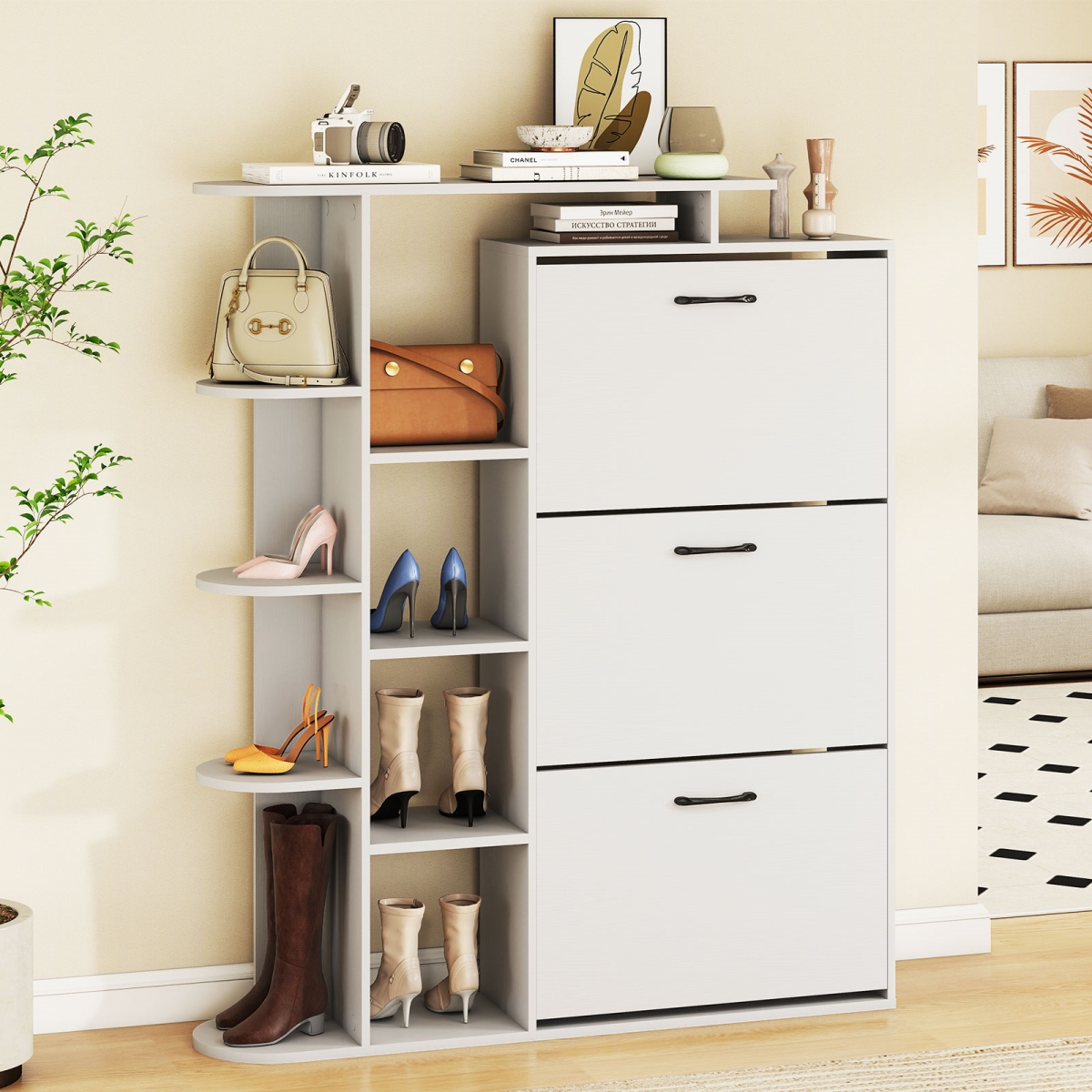JV13321WH- Shoe Cabinet with Open Shelves Modern Shoe Organizer with 3 Flip Drawers - White