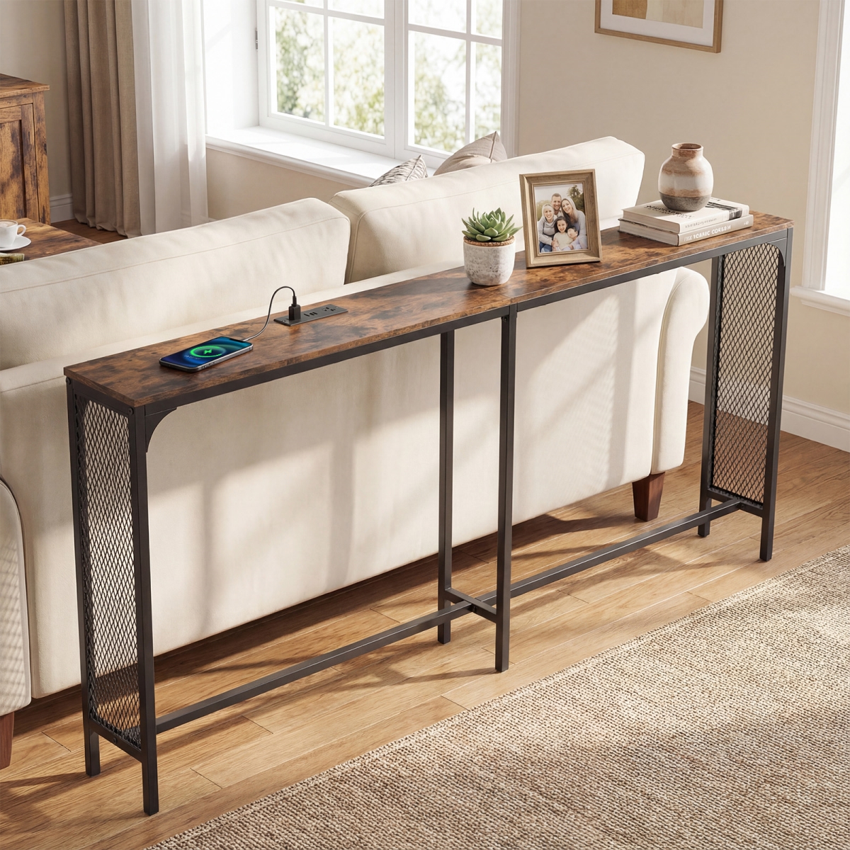 JV13442US-CF 71 in. Narrow Console Table with Power Outlet for Small Space - Rustic Brown