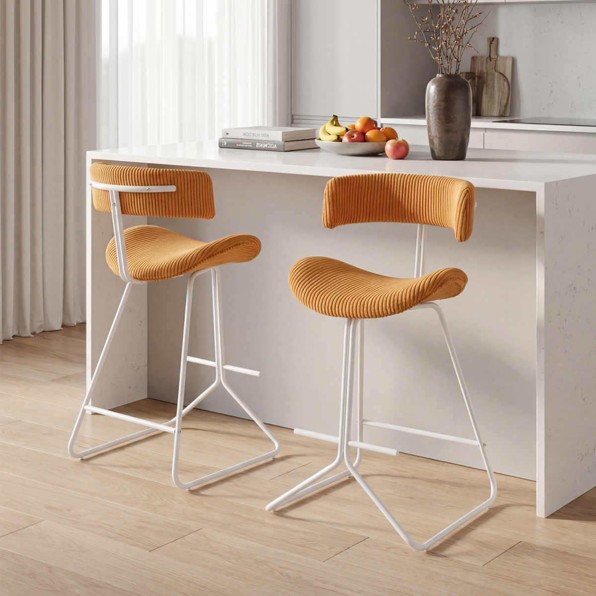 JV13488OR-2 Counter Height Stools 25 in. Armless Barstools with Padded Seat & Footrest - Orange - Set of 2