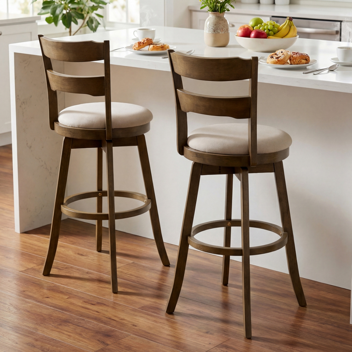 JV13613AS-29 30.5 in. Swivel Barstools with Backrest & Upholstered Seat - Olive White & Silver - Set of 2