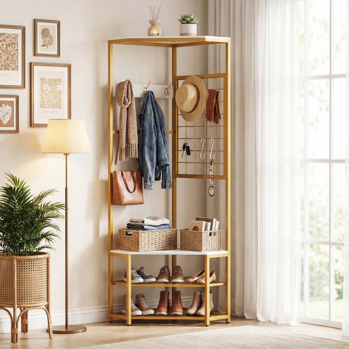 JV13720WH Corner Hall Tree Freestanding Coat Rack with Storage Shelves Removable Hooks - White