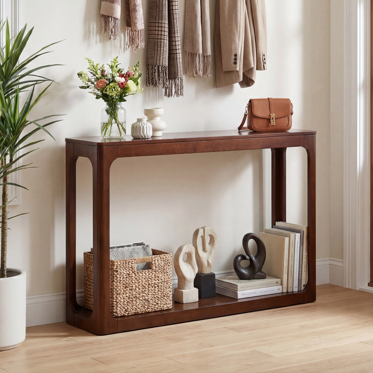 JV13782BN 2-Tier Mid Century Wood Console Table with Storage Shelf - Brown