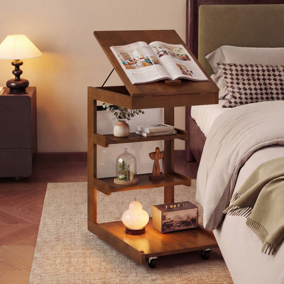 JV13808BN C-Shaped End Table with Wheels & Adjustable Desktop for Sofa Couch Bedside - Brown