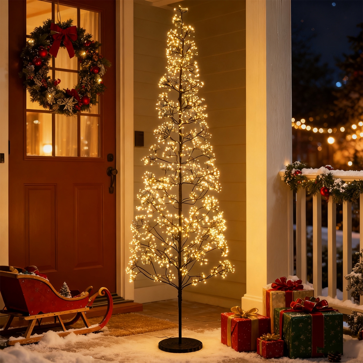 CM25142US-XL Lighted Alpine Pre-Lit Artificial Cedar Tree with Warm White Light LED Lights with Weighted Base - Black - 7 ft.