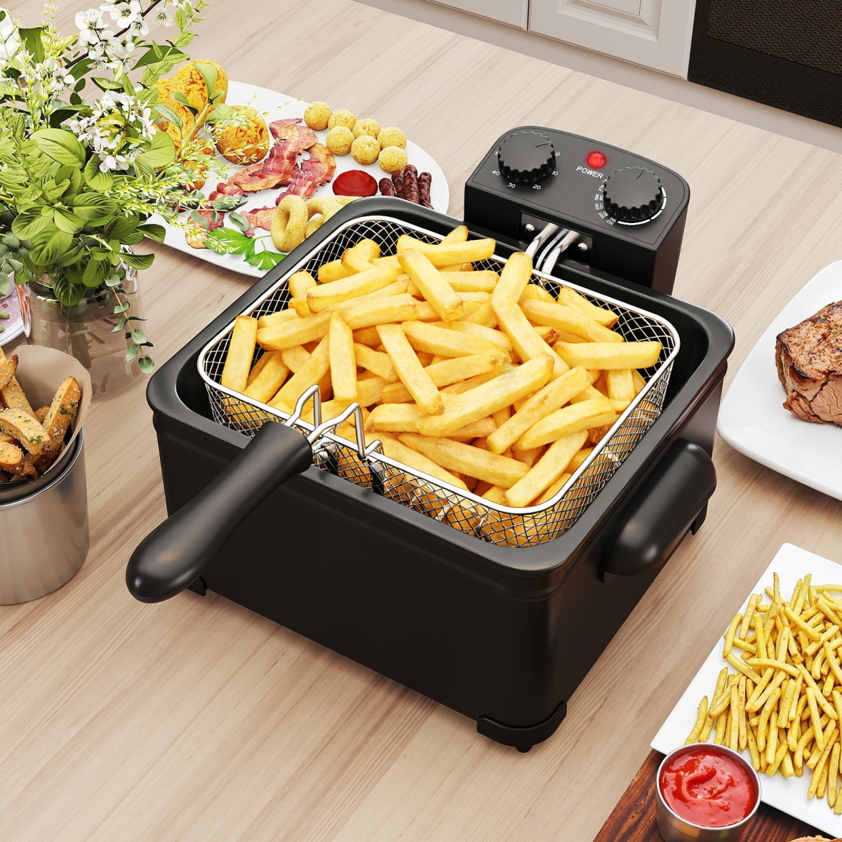 EQ10011US 5.3 qt. Electric Deep Fryer Stainless Steel 1700W with Triple Basket - Black