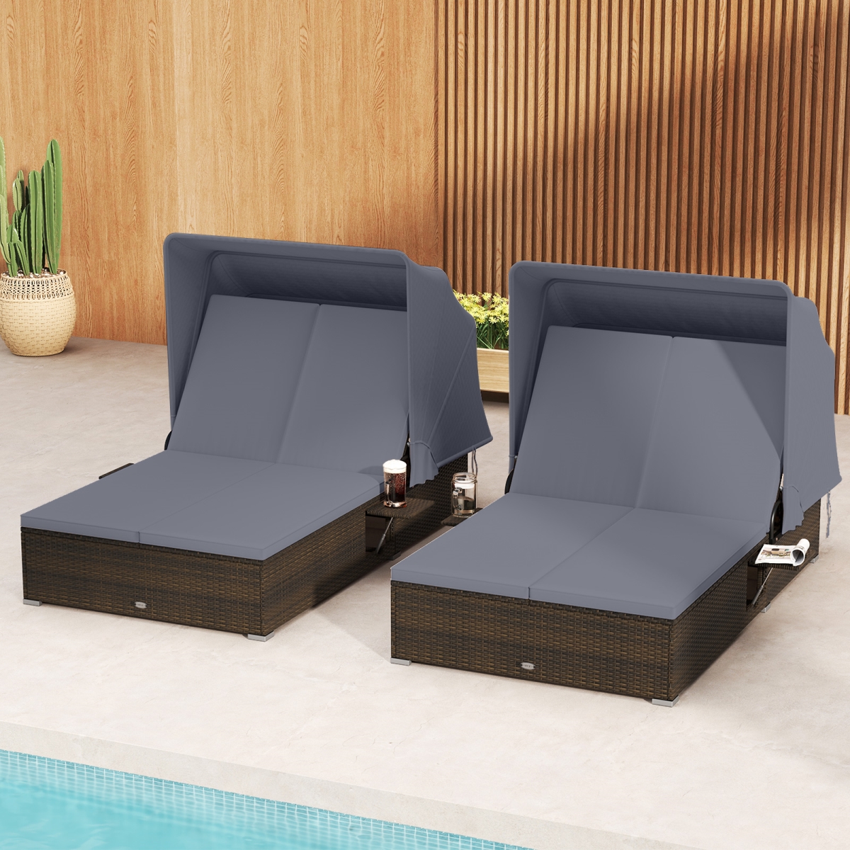 HW75145GR Patio Double Chaise Lounge with Shade Cushions & Folding Side Trays - Gray