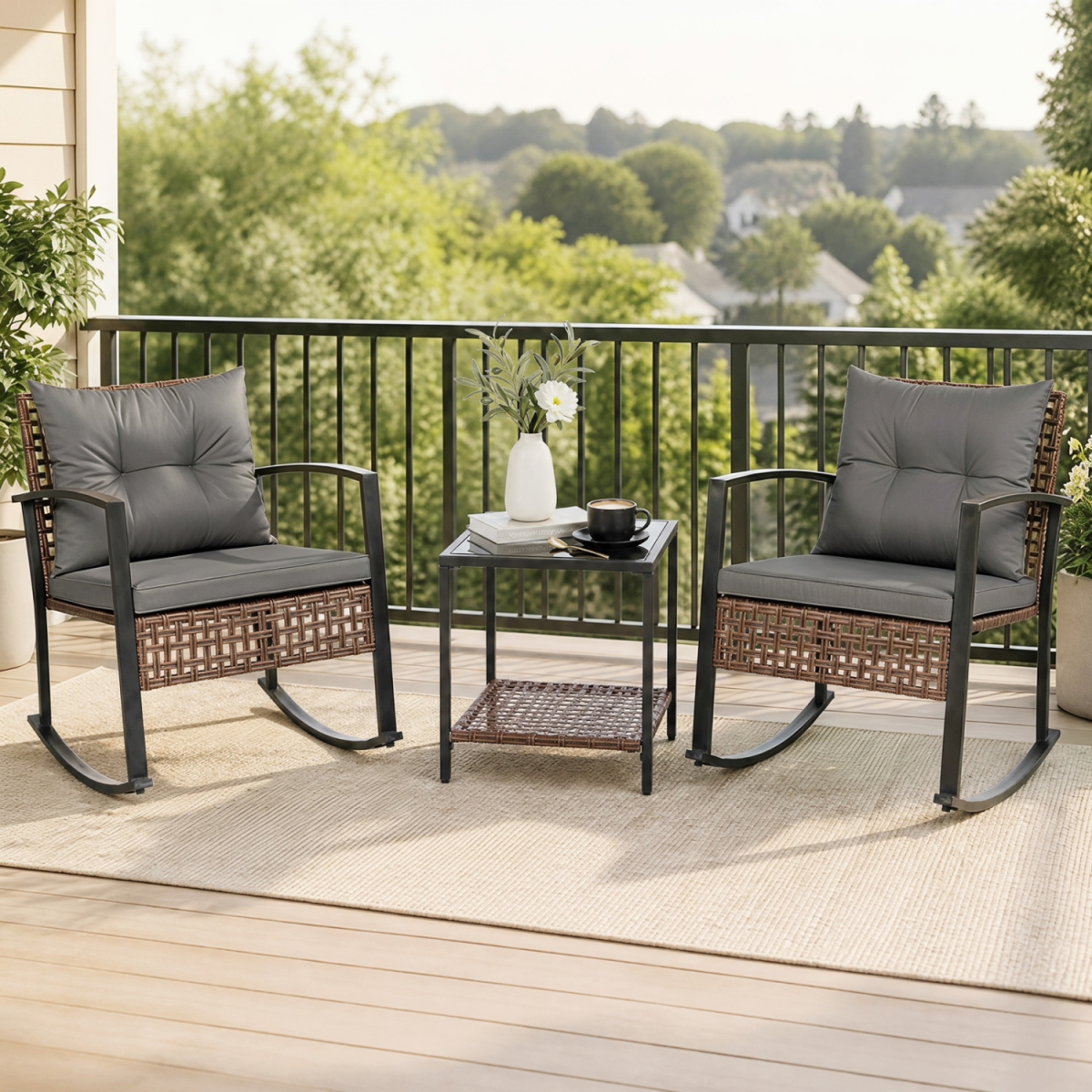 HW75958GR Outdoor Rocking Chair Set - Gray - 3 Piece