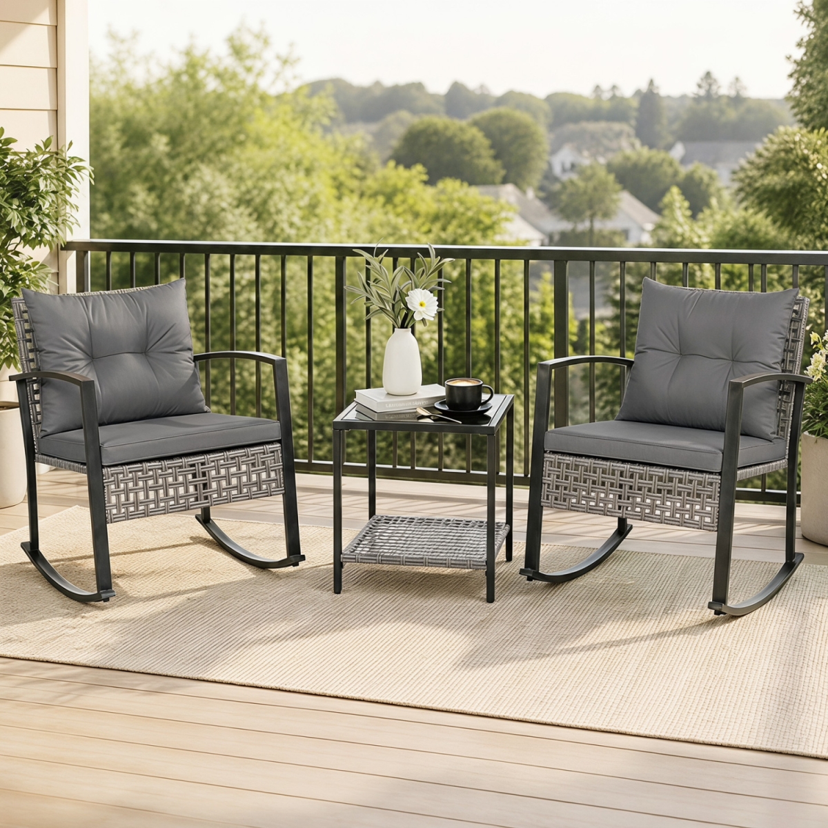 HW75959GR Outdoor Rocking Chair Set for Garden - Gray - 3 Piece