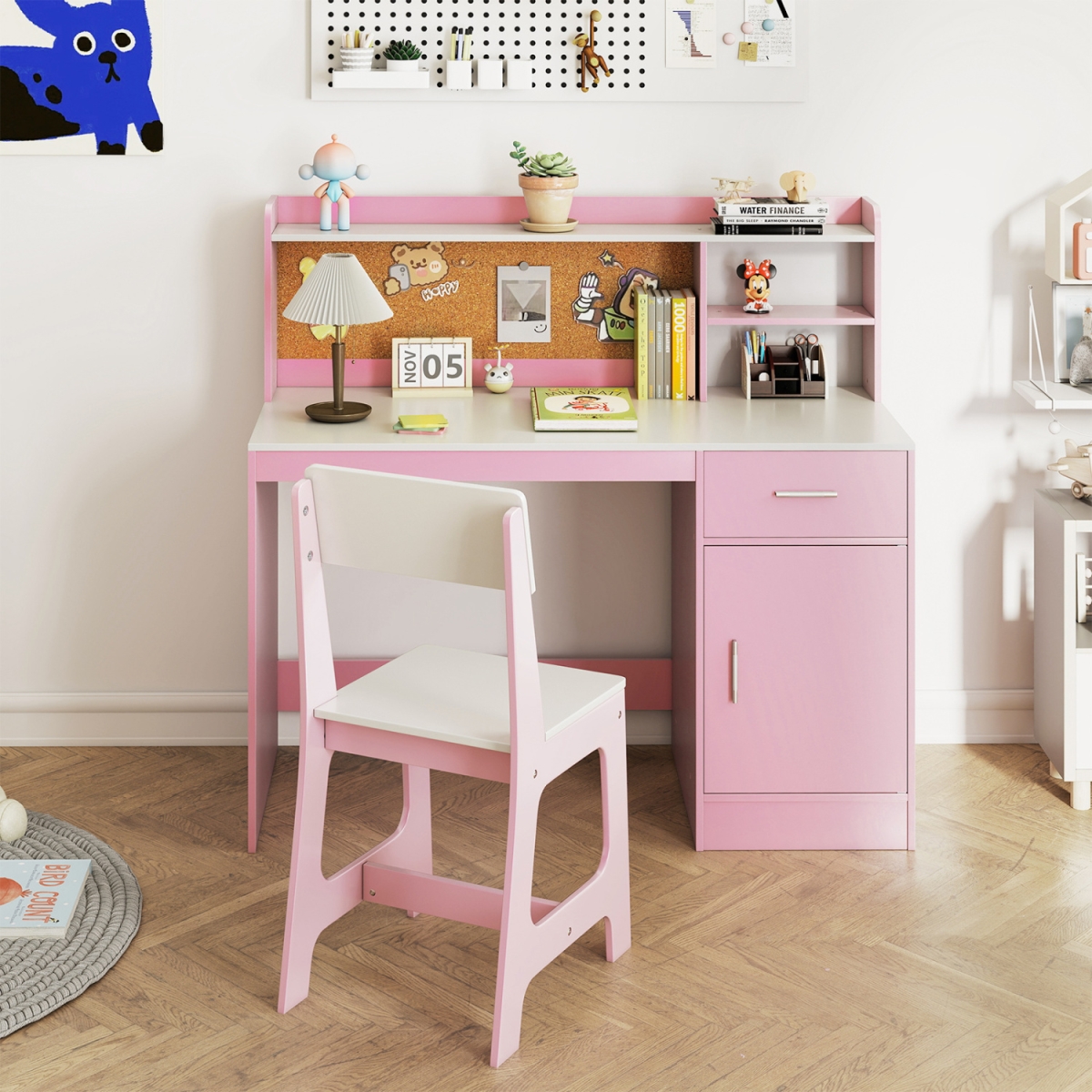 HY10428FS Kids Study Desk & Chair Set Student Table & Chair - White & Pink