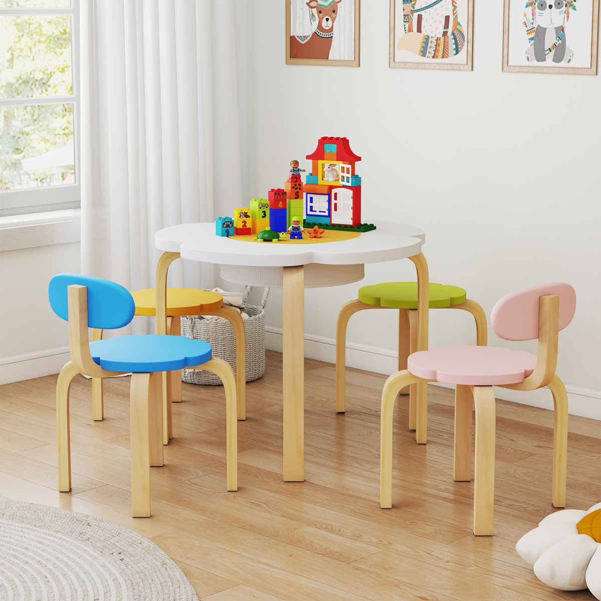HY10430CL Flower-Shaped Children Table Set Wooden Play & Activity Table with 2 Colorful Chairs & Stools - Multi Color