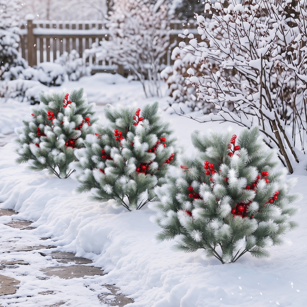 HZ10591-2 Artificial Cedar Topiary with Ground Spikes for Porch Patio Winter Decoration - Green, White & Red - Set of 2